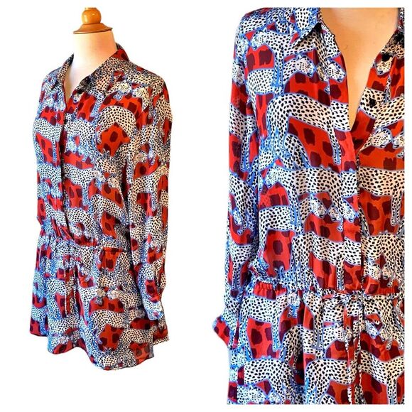 PARKER Silk Leopard Anamalia Print Blouson Mini Dress with Pockets - Size 14 - Picture 10 of 11